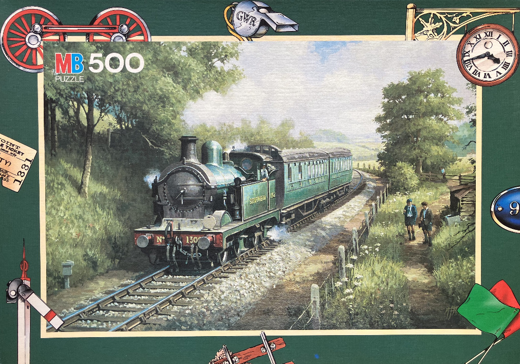 A steam train pulling green passenger carriages along a track through the countryside.