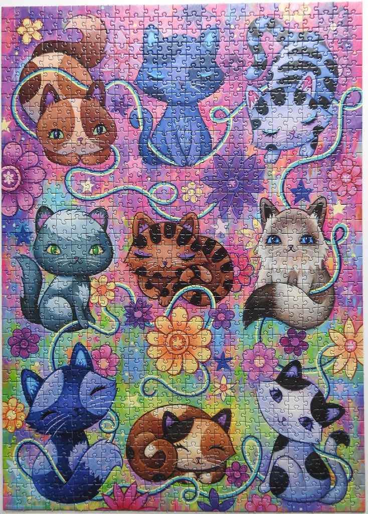 A whimsical illustration of eight stylized kittens surrounded by flowers and swirling yarn on a vibrant gradient background.