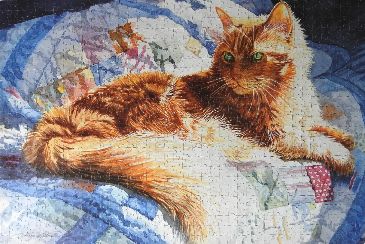 A fluffy ginger cat resting on a blue and white patterned quilt, painted in a loose watercolor style.