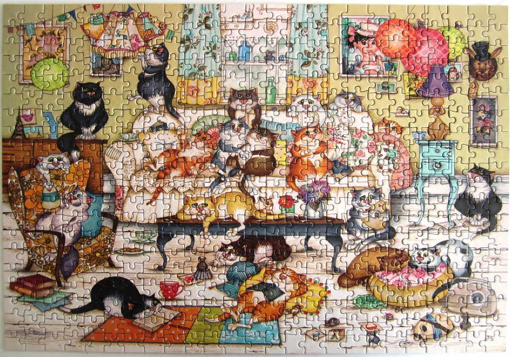 A whimsical illustration of a cozy living room filled with many cats of different colors and patterns.
