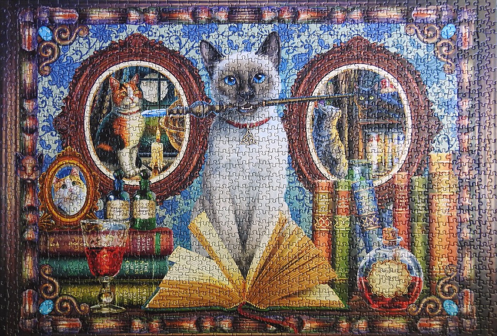 A whimsical illustration of a Siamese cat holding a magic wand in front of an open book and potion bottles.