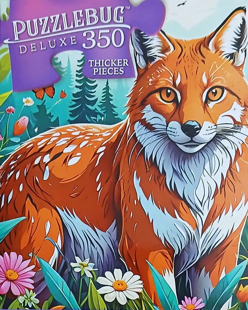 An illustration of a red fox in a forest meadow surrounded by colorful wildflowers.