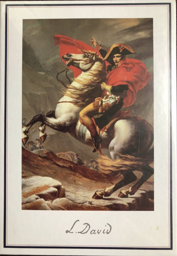 A reproduction of Napoleon Crossing the Alps by Jacques-Louis David, showing a leader on a rearing white horse.
