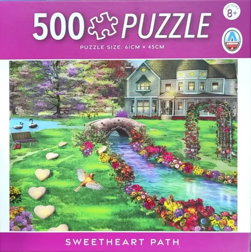 An idyllic garden scene featuring a stone bridge, a flowing stream, and a pathway lined with heart-shaped stepping stones.