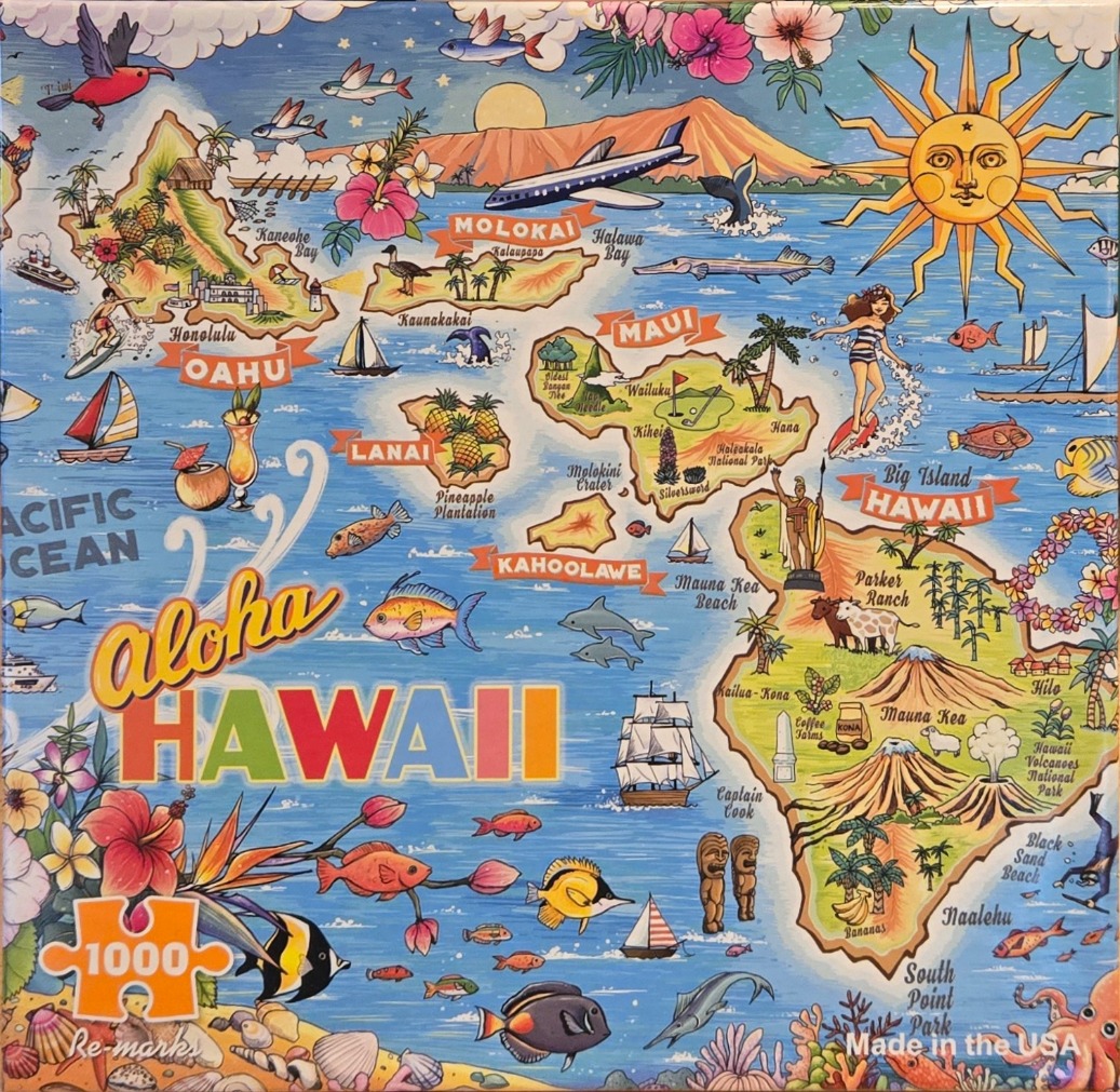 A vibrant, stylized map illustration of the Hawaiian Islands surrounded by sea life, flora, and landmarks.