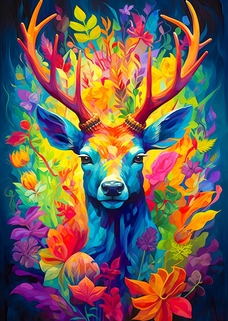 A colorful, vibrant illustration of a stag surrounded by tropical flowers and foliage in shades of blue, orange, and gold.