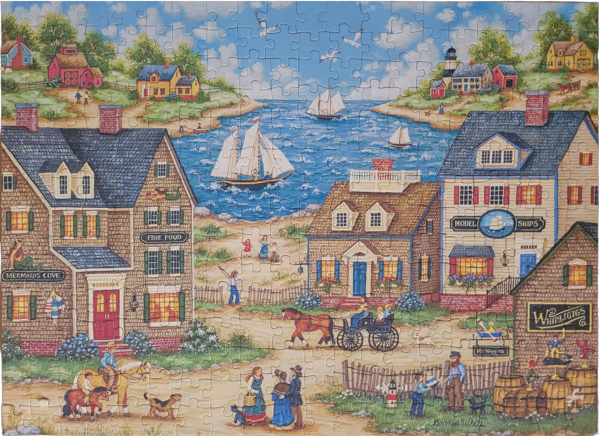 A charming seaside village scene with historic buildings, sailboats, and townspeople in a folk art style.