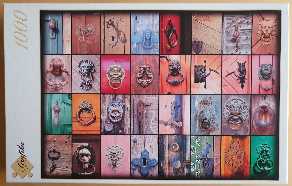 A collage of 28 close-up photographs featuring antique and ornate door knockers, handles, and escutcheons.