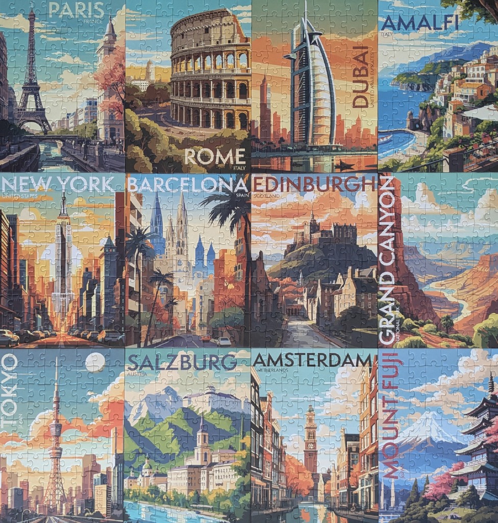 A grid of twelve travel posters featuring iconic global landmarks and cities.