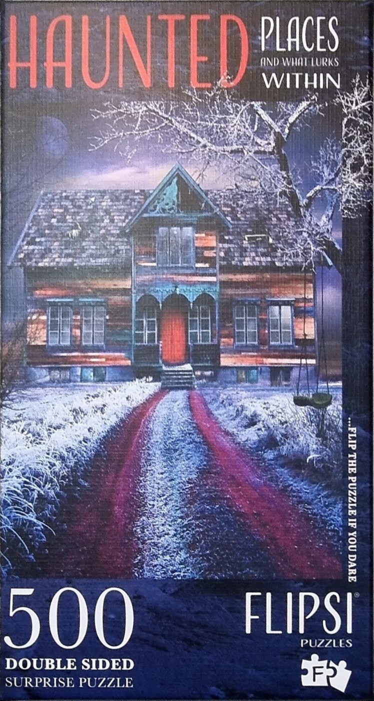 A spooky, weathered wooden house with a red door sits at the end of a dirt path under a moonlit, wintery sky.