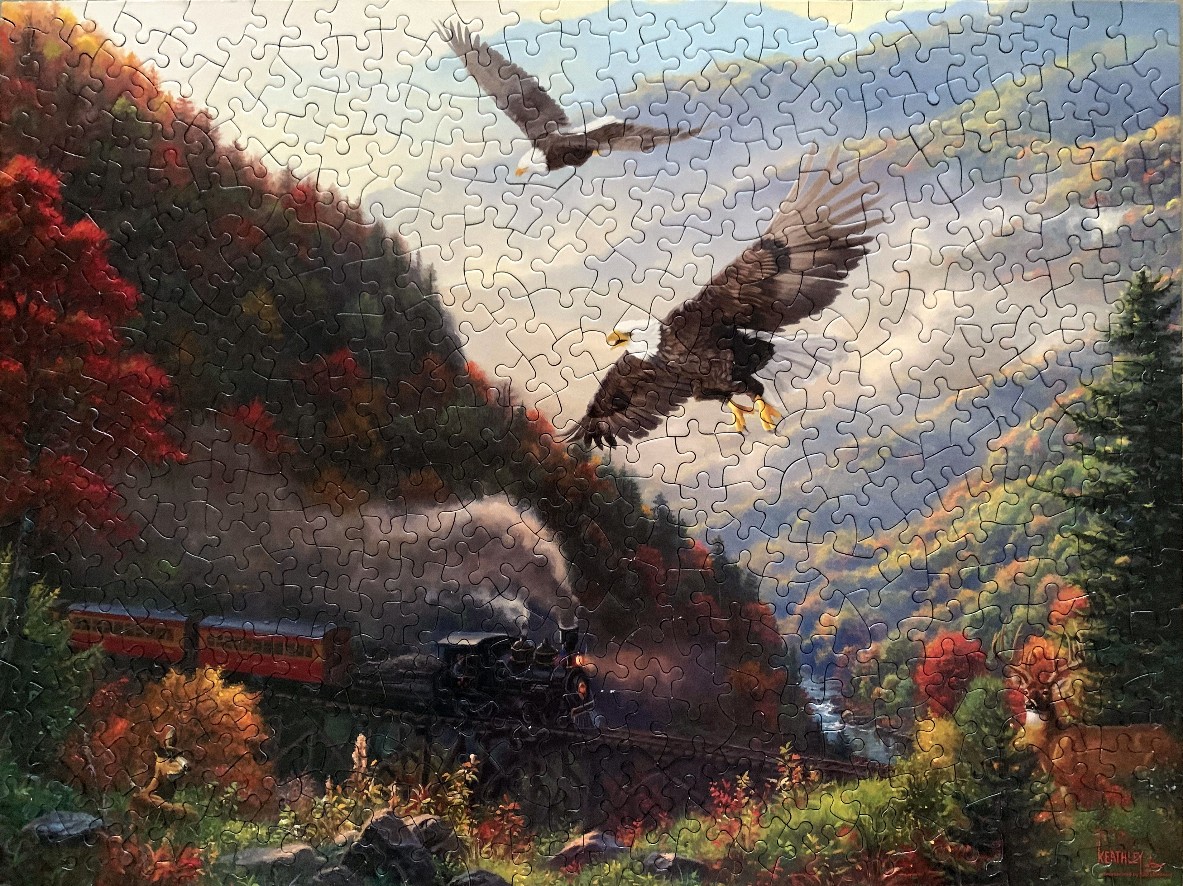 An oil-style painting of two bald eagles flying over a vintage steam train traveling through a vibrant autumn mountain pass.