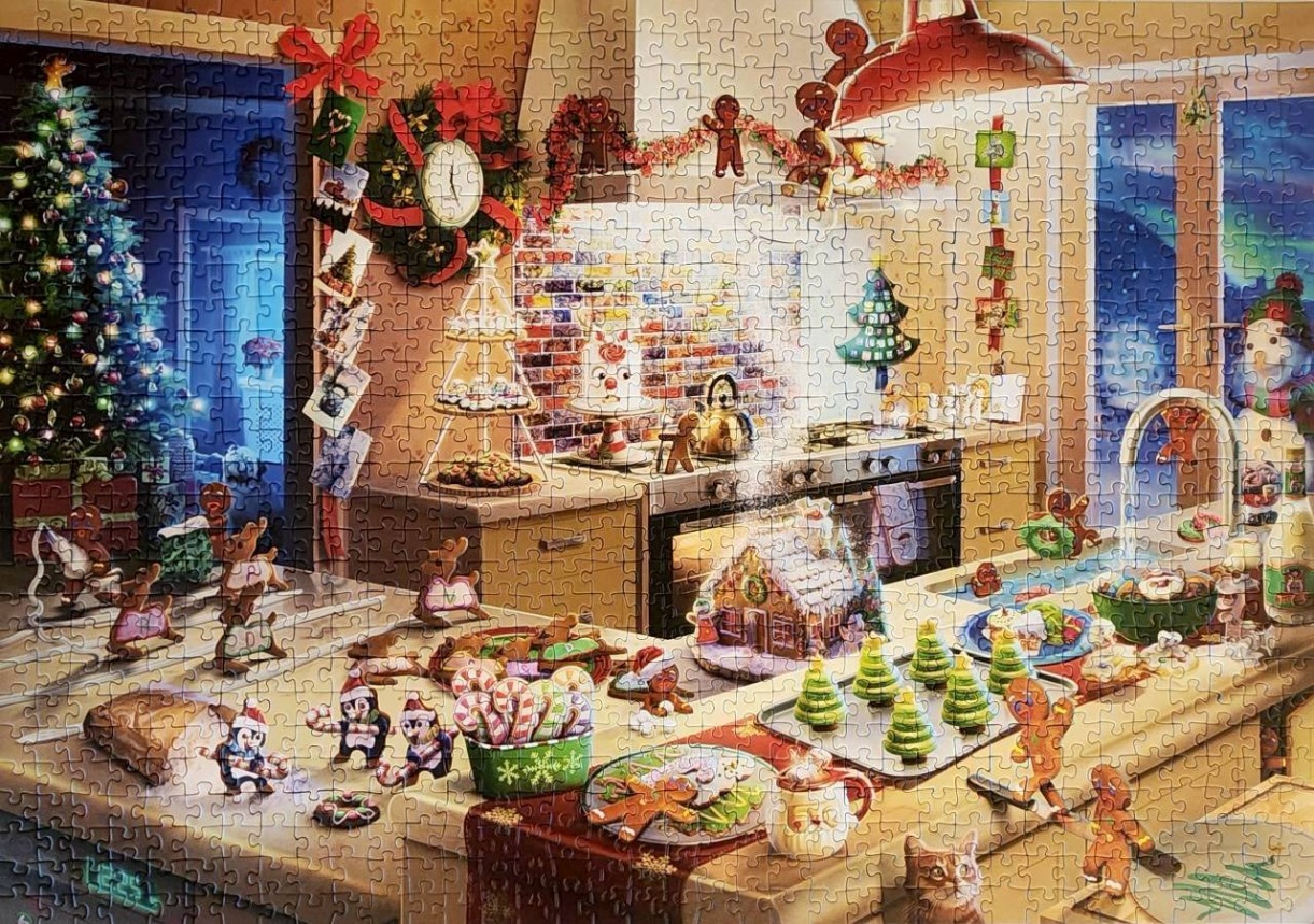 A whimsical, cozy Christmas kitchen scene featuring gingerbread men, holiday treats, and a brightly lit tree.