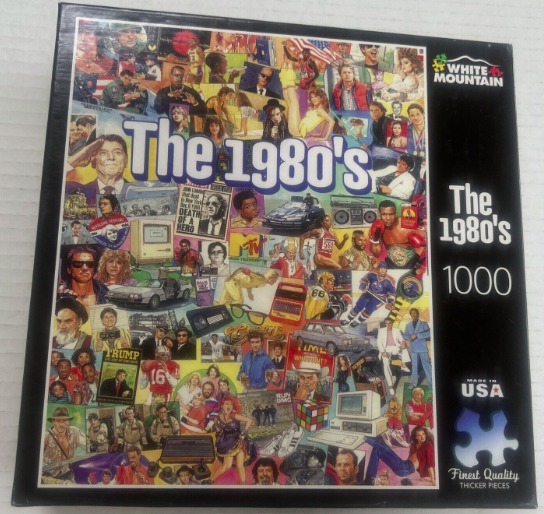 A collage of 1980s pop culture icons, celebrities, products, and political figures.