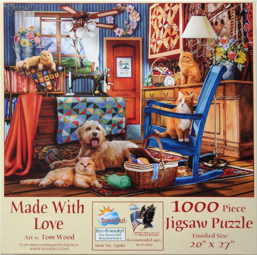 A cozy craft room scene filled with sewing supplies, vibrant quilts, and four cats and a dog resting comfortably.