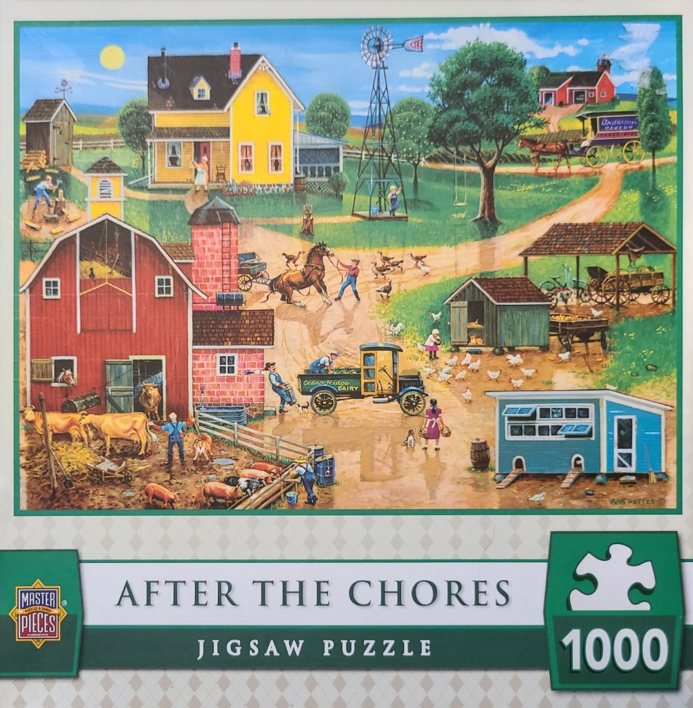 A whimsical illustration of a busy farmyard scene with people, animals, and buildings on a sunny day.