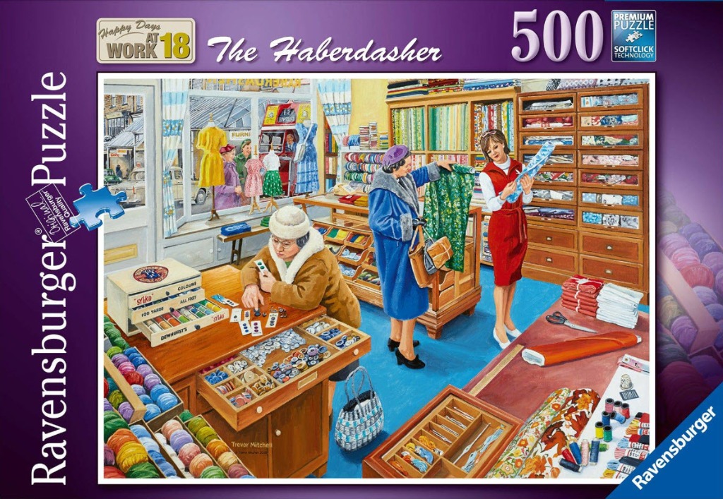 Painting of a busy 1960s haberdashery store with a clerk and customers.