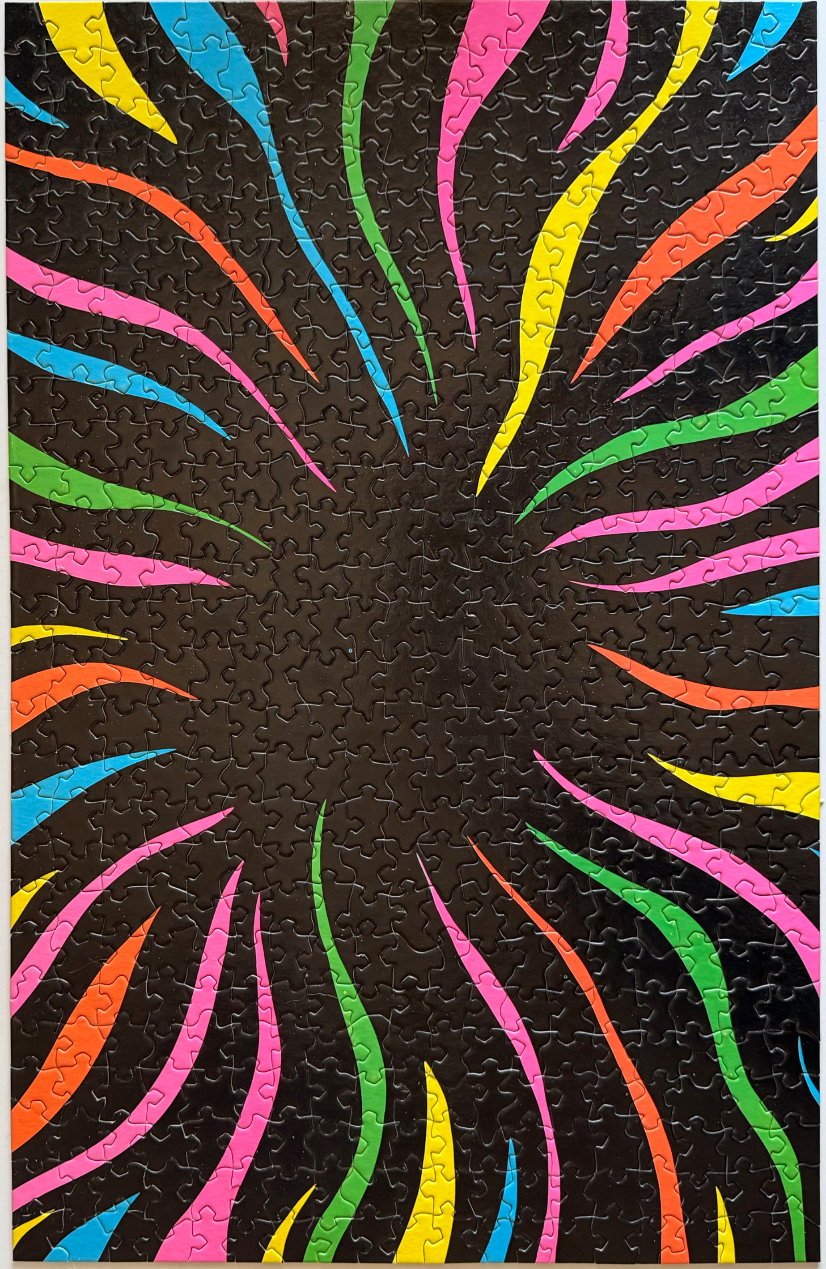 Abstract design of neon-colored swirling lines radiating from a dark center against a black background.
