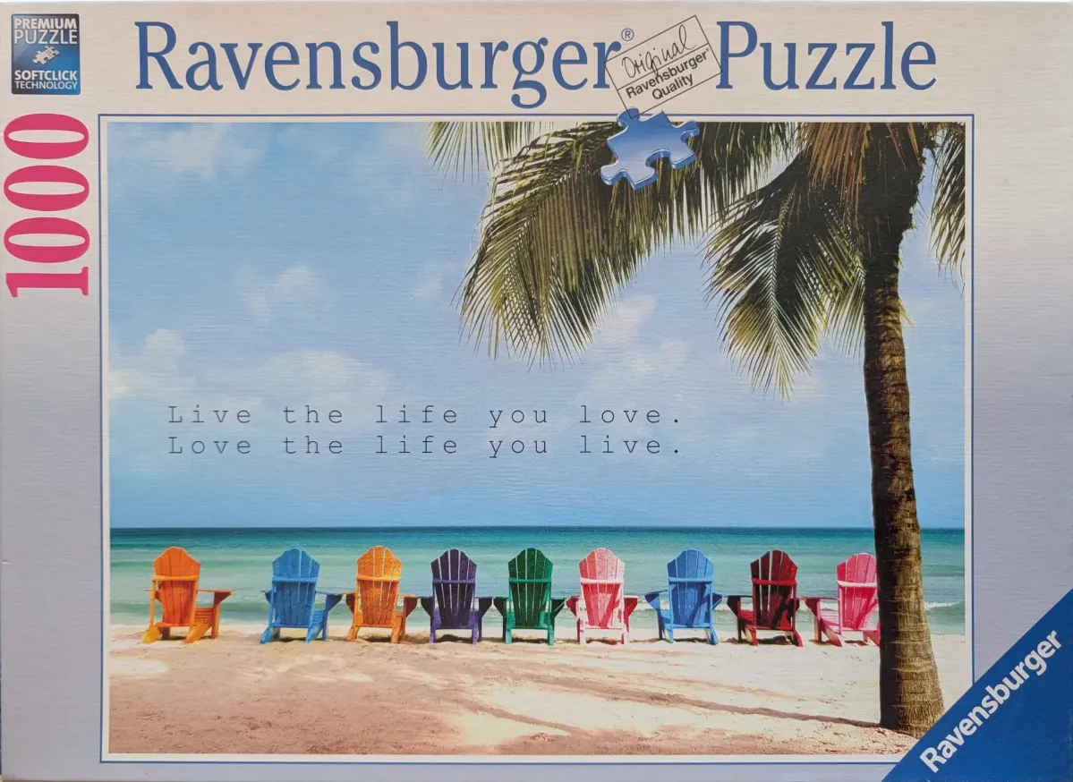 Nine colorful Adirondack chairs lined up on a sunny sandy beach under a palm tree with inspirational text.