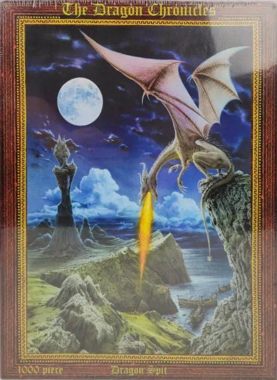 A fantasy illustration of a pale dragon perched on a cliff edge breathing a plume of fire against a moonlit sky.