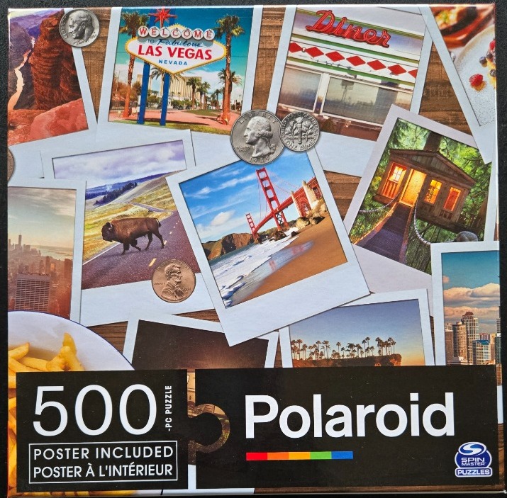 A collage of Polaroid-style photographs depicting various US landmarks and scenes, overlaid with US coins.