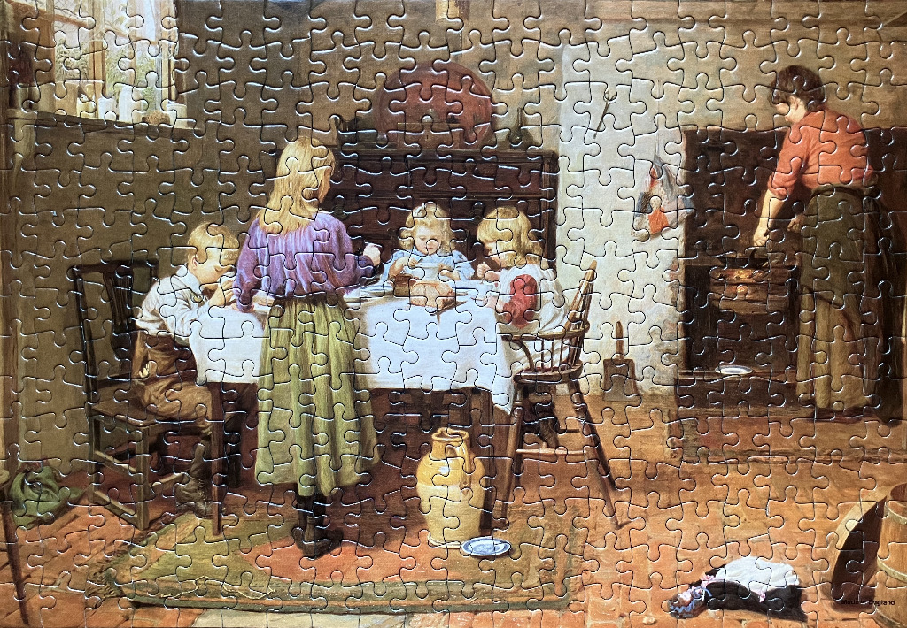 An 18th-century style painting of a mother cooking while children eat dinner at a wooden table.