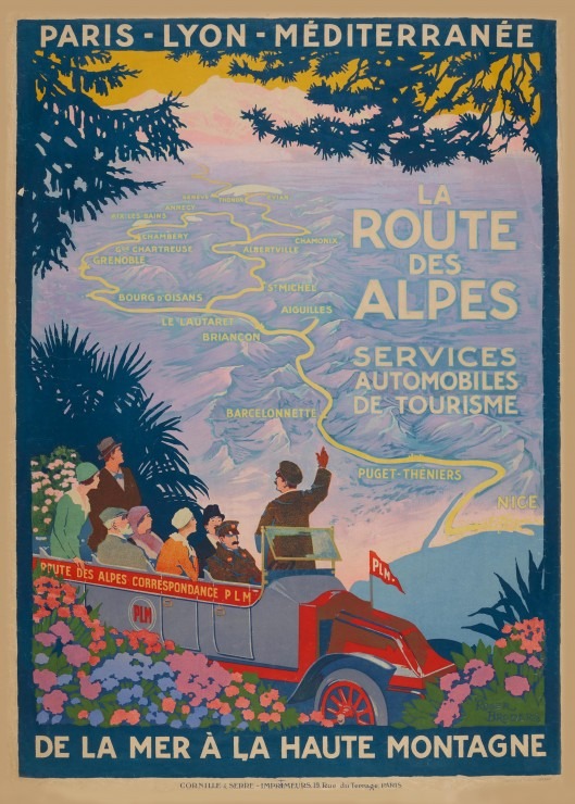 Illustration of a vintage car with passengers overlooking a winding alpine route through the mountains.