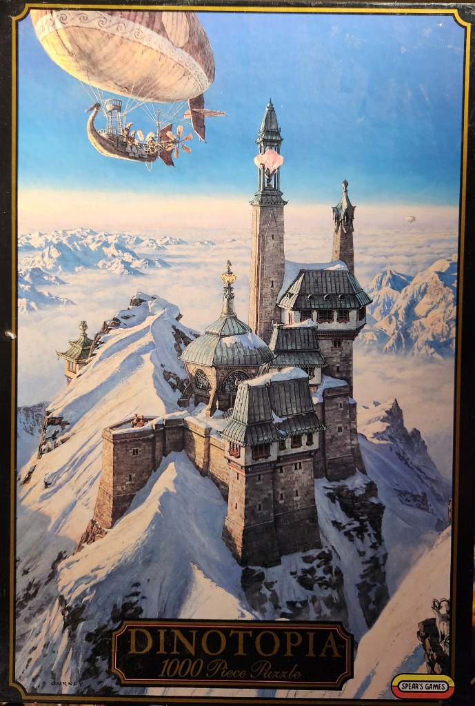 A fantasy illustration of a stone castle perched on a snowy mountain peak with a dirigible floating in the sky.