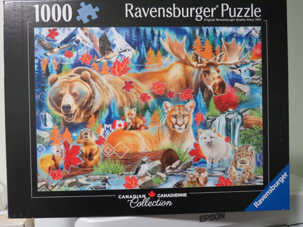 A collage of various Canadian wildlife including a grizzly bear, a moose, a cougar, and maple leaves against a forest.