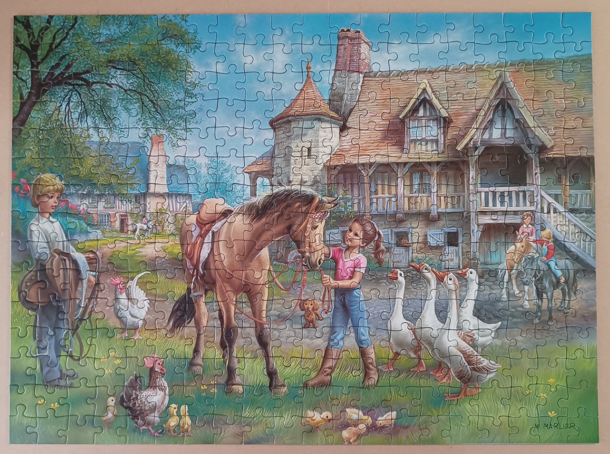 A pastoral scene featuring two children, a horse, and poultry in front of a rustic stone farmhouse.