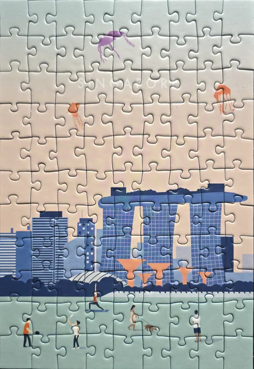 Stylized illustration of the Singapore skyline with Marina Bay Sands and people in a park foreground.
