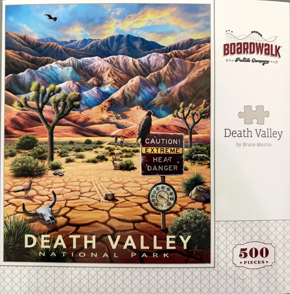 Painting of a cracked desert landscape in Death Valley with mountains, a heat warning sign, and local wildlife.