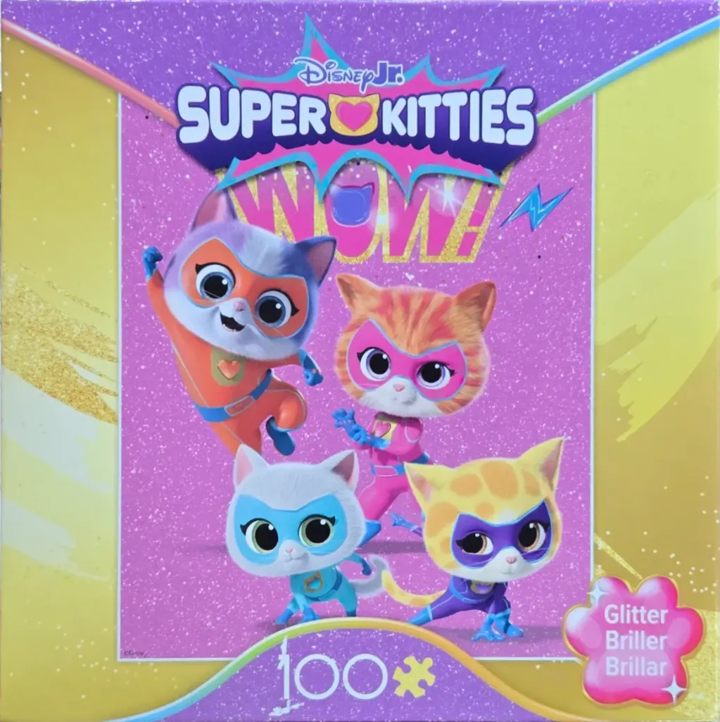 Four cartoon kittens wearing superhero costumes on a bright purple glittery background.