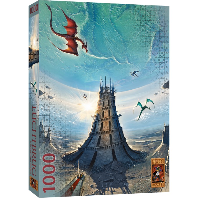 Fantasy illustration of a towering stone spire against a surreal turquoise sky with dragons and floating islands.