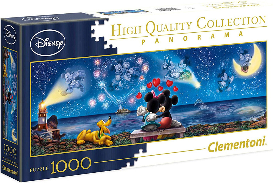 Mickey and Minnie Mouse sitting on a bench by the sea under a starry, firework-filled night sky.
