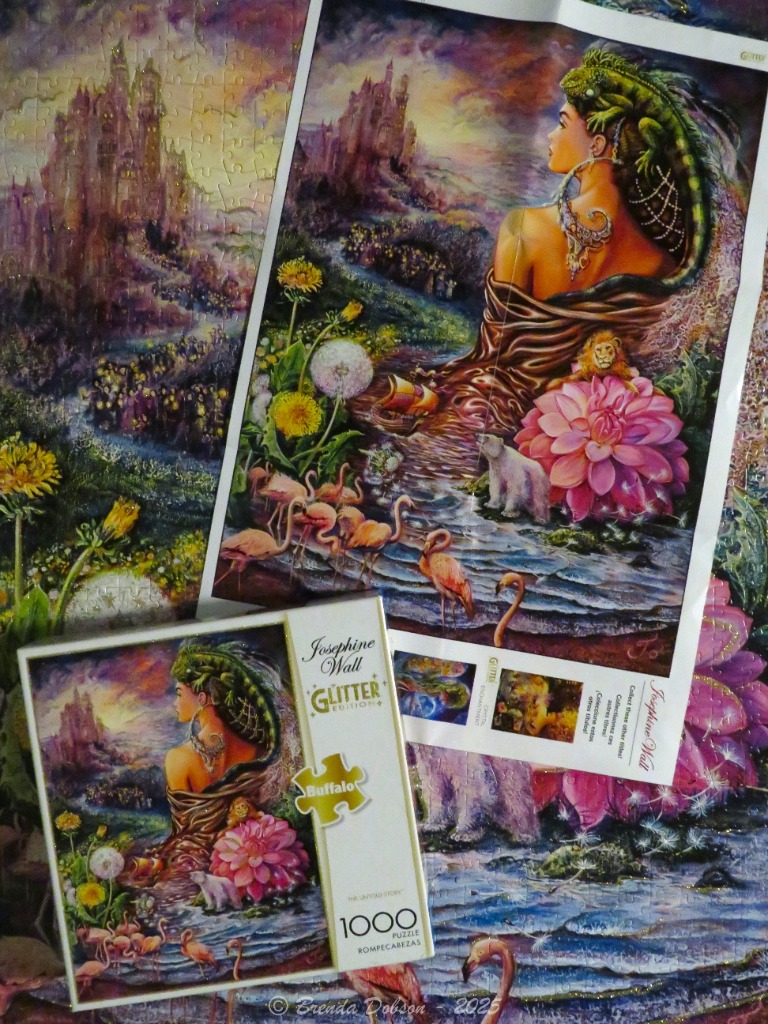 Fantasy illustration of a woman with a green iguana on her head, surrounded by wildlife and a distant castle.