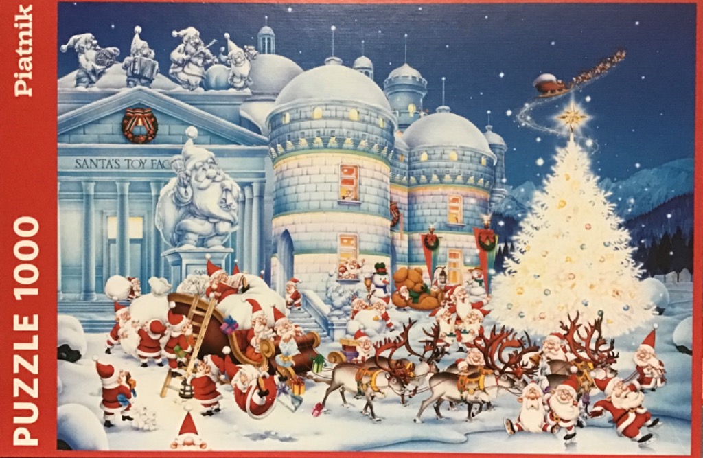 Santa's Toy Factory with elves loading a sleigh near a large, glowing Christmas tree at night.
