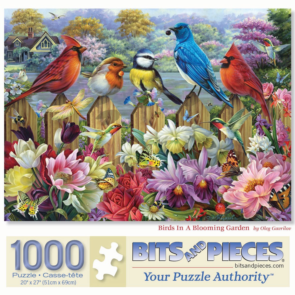 A collection of colorful birds, butterflies, and vibrant flowers set against a picket fence and garden landscape.