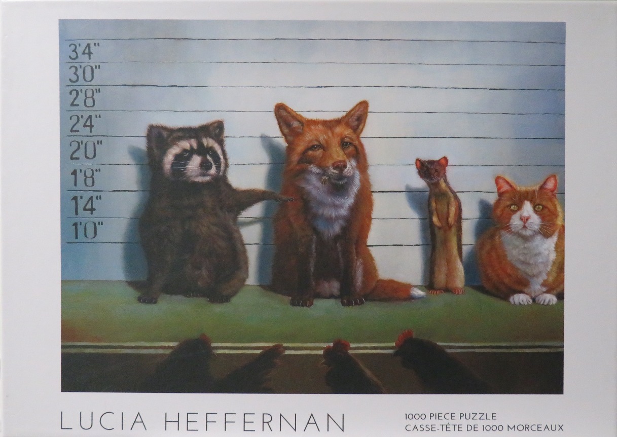 A raccoon, red fox, weasel, and cat standing in a police lineup against a height chart.