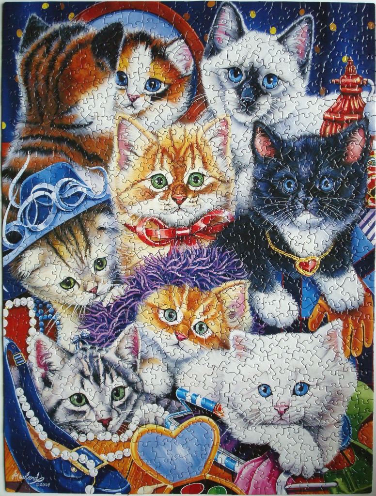 An illustration featuring several fluffy kittens surrounded by whimsical accessories and jewelry.