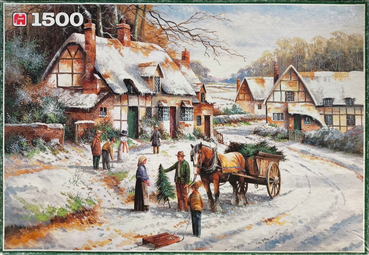 A snowy English village scene featuring half-timbered cottages, a horse and cart, and children playing in the winter.