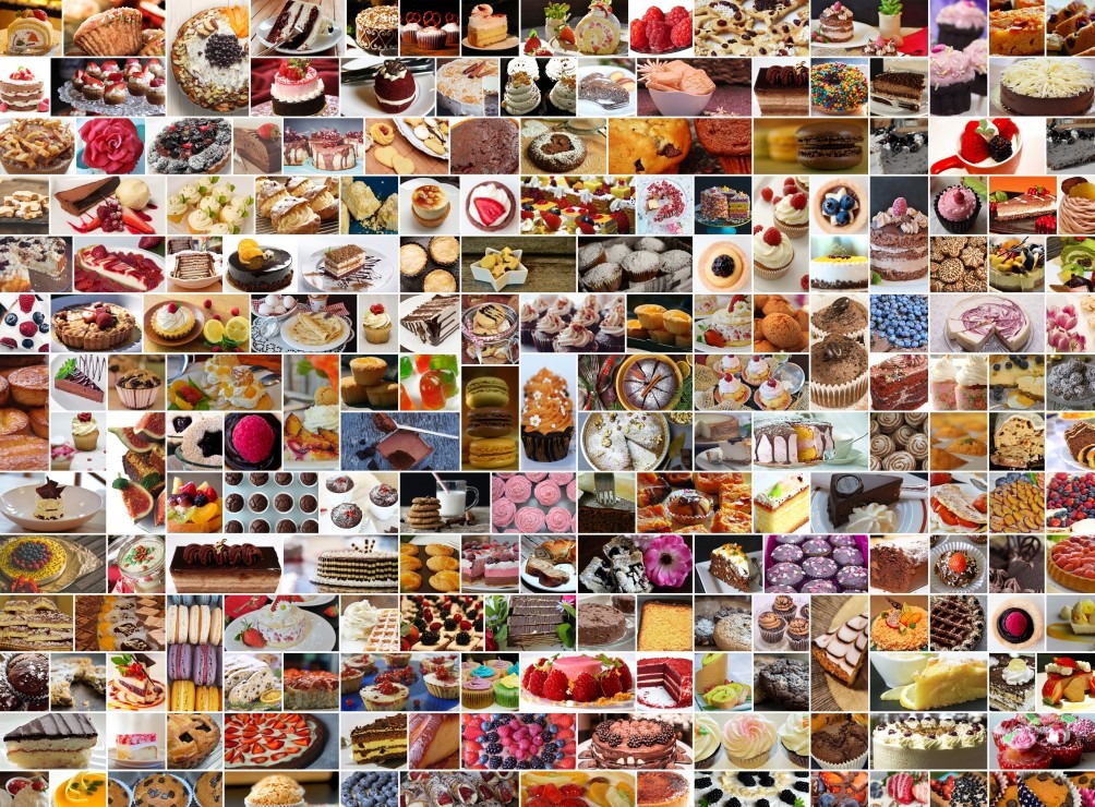 A dense grid of diverse desserts, including cakes, pastries, tarts, and cookies.