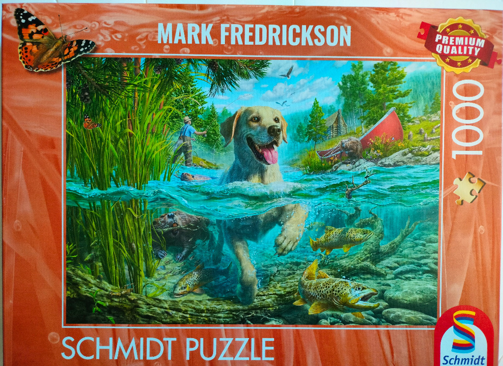A golden retriever swimming in a split-view river scene with fish, a beaver, and a fisherman in the background.