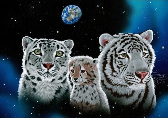 A snow leopard, a cheetah cub, and a white tiger facing forward against a starry cosmic background with Earth above.