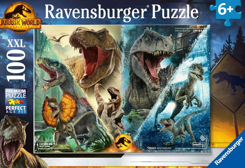 Collage of various dinosaurs from the Jurassic World universe including T-Rex and raptors.