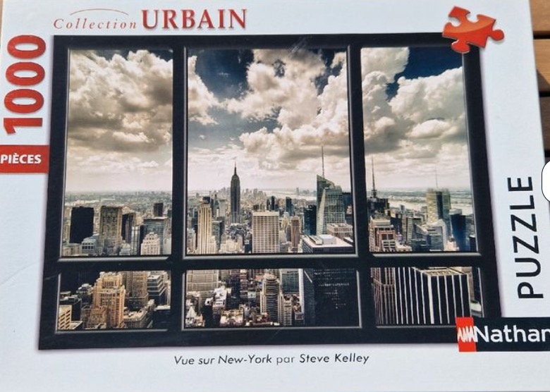 A view of the New York City skyline seen through a large rectangular multi-pane window under a cloudy sky.