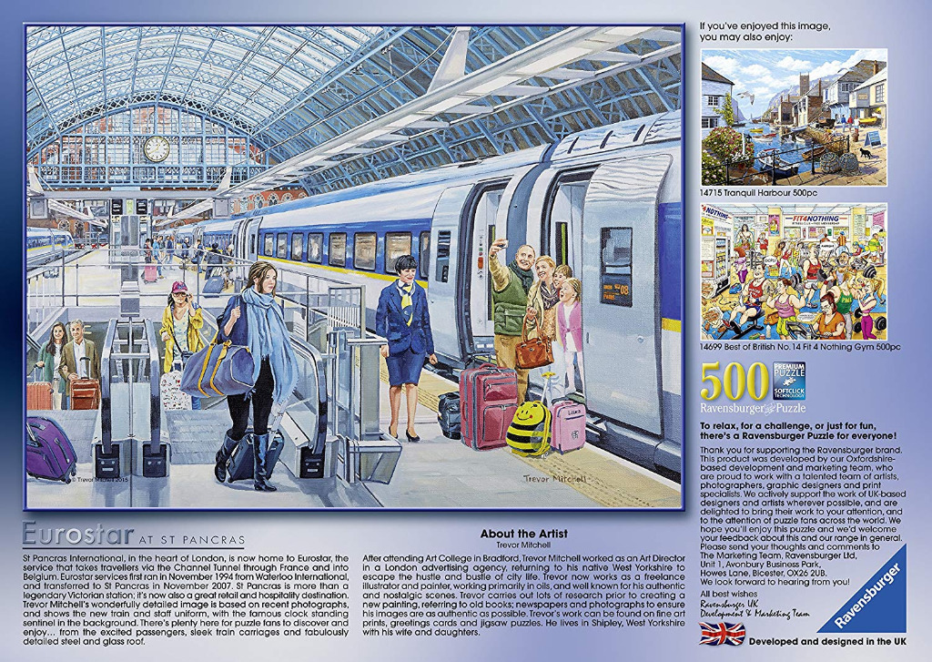 A detailed illustration of passengers arriving at a sleek London train station platform with a Eurostar train.