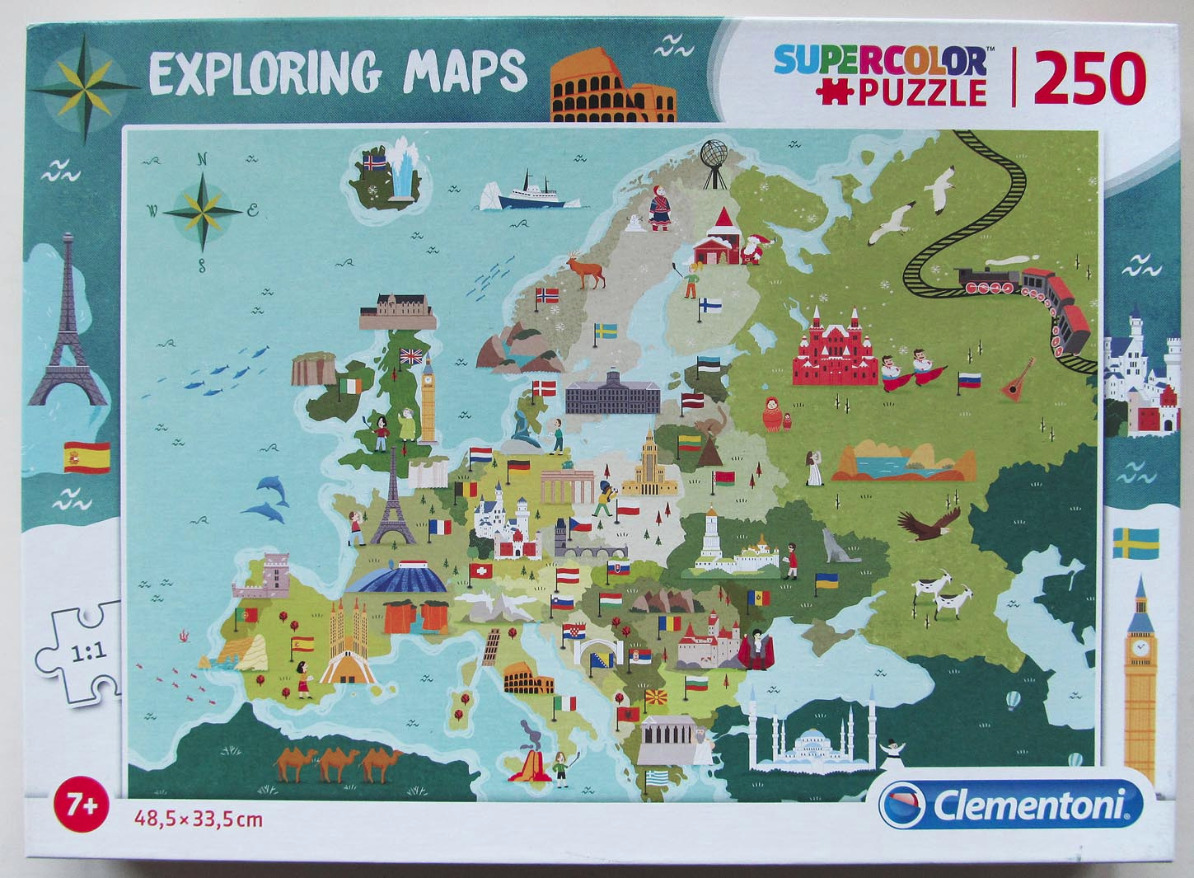 Illustrated map of Europe filled with national monuments, flags, and cultural icons.