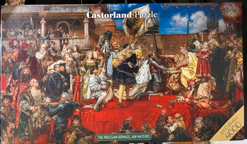 A detailed oil painting depicting a historical scene of a Prussian homage with a king and many courtiers.