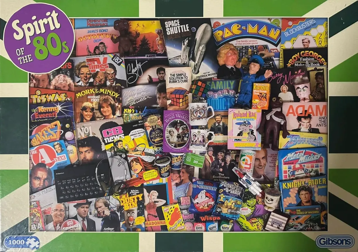 A collage of 1980s pop culture memorabilia including books, magazines, toys, and snacks against a Union Jack background.