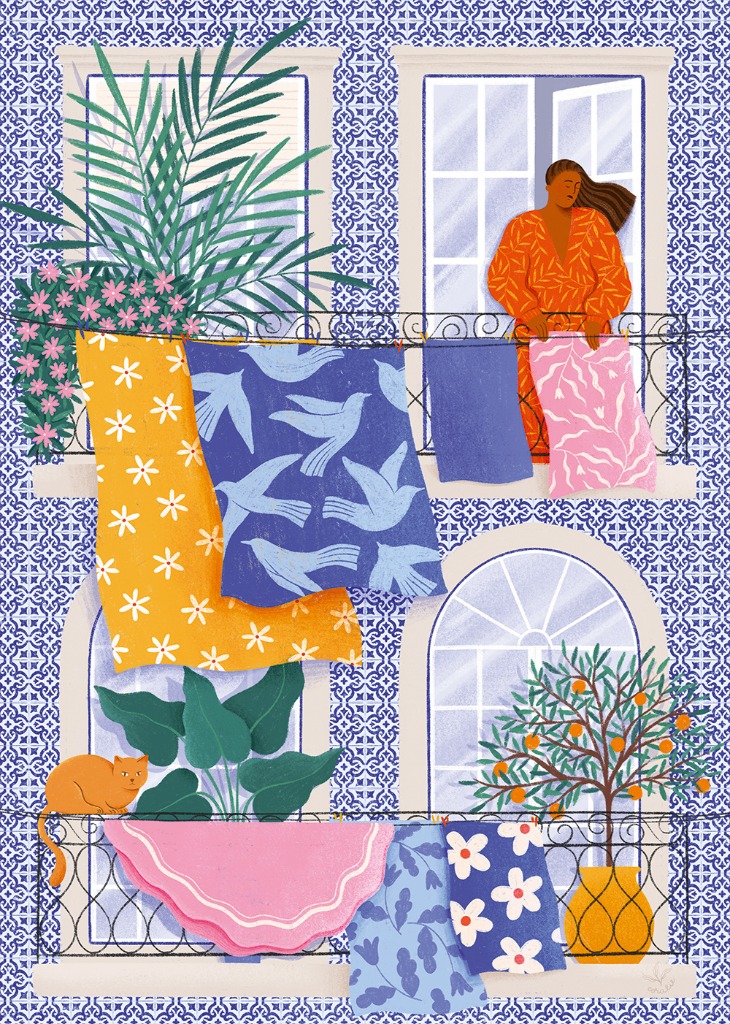 Illustration of an apartment building facade with laundry drying on balconies, a woman, a cat, and potted plants.